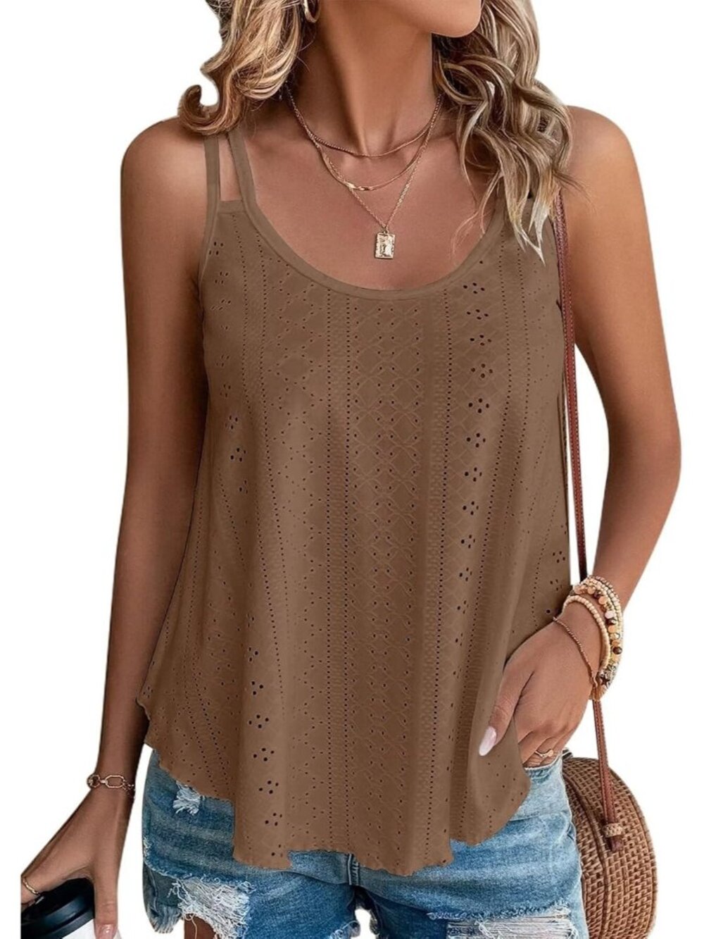Women's Brown Eyelet Spaghetti Strap Loose Flowy Scoop Neck Cami Summer Tank Top